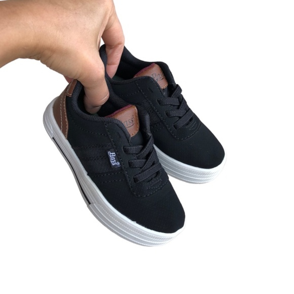 Bass Black Canvas / Leather Elastic Stretch Laces Slip‎ On  Baby Shoes 7